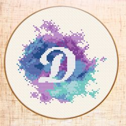 letter d cross stitch pdf pattern modern cross stitch monogram embroidery watercolor x-stitch baby name initial