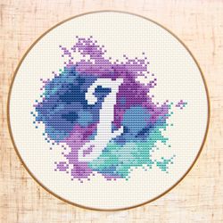 Letter J cross stitch PDF pattern Modern cross stitch Monogram embroidery Watercolor x-stitch Baby Name Initial