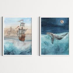 Set of 2 seascape wall art, Posters set for nursery wall decor, Download digital print, Downloadable posters