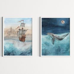 set of 2 seascape wall art, posters set for nursery wall decor, download digital print, downloadable posters
