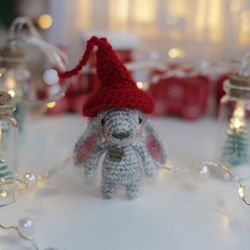 Christmas bunny crochet animal handmade miniature toy holiday shelf sitter cute gift for mom , grandmother , sister