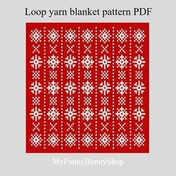 Loop yarn Finger knitted Snowflakes Stripes blanket pattern PDF Download