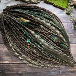 Brown green bohemian set of textured DE dreadlocks and DE curl dreadlocks with feather clips 35 PCS 21-22 inches