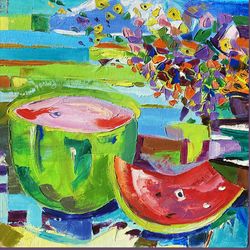 Watermelon Oil Painting On Canvas Still Life Original Art Abstract Food Artwork Flower Painting for Kitchen Textured
