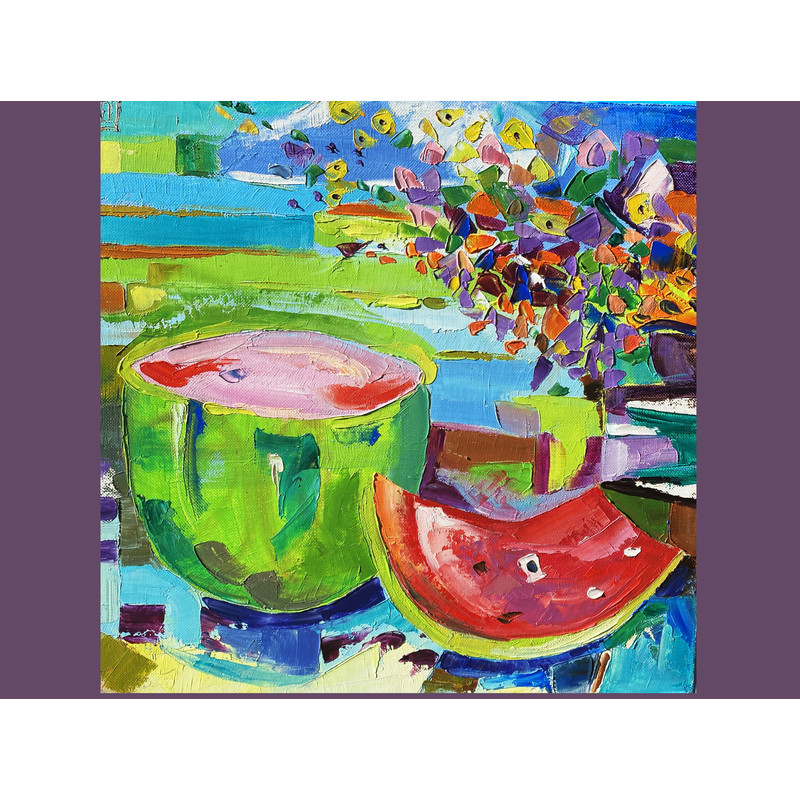 Watermelon Oil Painting On Canvas Still Life Original Art Abstract Food Artwork Flower Painting for Kitchen Textured by FusionArtCreation -26.jpg