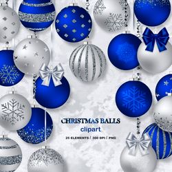christmas balls clipart, blue and silver christmas ornaments clipart, glitter christmas ball, holiday clipart