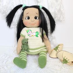 Handmade doll Baby girl gift Christmas gift for girl Amigurumi doll black hair