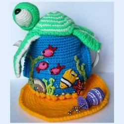 Ocean Tea Cosy, cosy warmer seaside, crochet sea tea cozy, crochet marine decor
