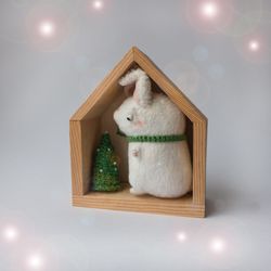 White Bunny Rabbit Miniature in Wooden House - 10cm