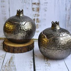 Pomegranate jewelry box, woman trinket box, big pomegranate bowl with lid, jewish gold box, bronze fruit home decor.