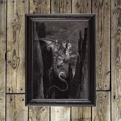 The Descent of the Abyss on Geryon's Back. Infernal art print. Black white gothic decoration. 200h.