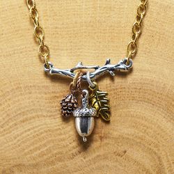 Silver Acorn Necklace Branch Copper Pine Cone Gold Oak Leaf Charm Pendant Necklace Woodland Forest Necklace Jewelry 7169