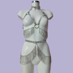 harness set with rhinestones and chains.  belt with rhinestones, crop top with rhinestones and rings, belt, belt, can be