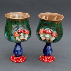 Mulled wine glasses Mushrooms figurines Porcelain wine glasses Amanita goblet Ceramic cups Wine chalice set Fairy style