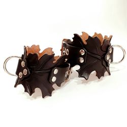 Oak leaves quality black leather bdsm cuffs for submissive.