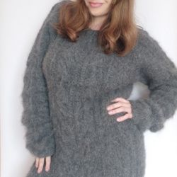 Fluffy angora dress women's grey Soft long angora cable knit sweater