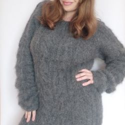 fluffy angora dress women's grey soft long angora cable knit sweater