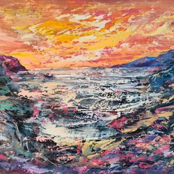 Mountains Sea Ship Bright Sunset Original Art Oil Painting Artist Svinar Oksana