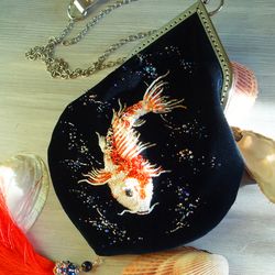 Japanese koi fish navy velvet mini bag on crossbody chain, bead embroidery vetvet purse with kiss lock frame