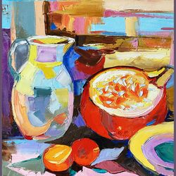 pumpkin oil painting on canvas still life original art abstract food artwork flower painting for kitchen textured