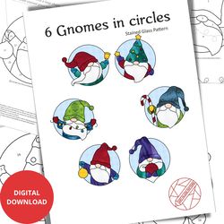 Set of 6 Stained Glass Patterns Suncatchers Christmas Gnomes in Circles - Digital Download PDF