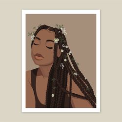 Beautiful black woman with flowers in braids, PRINTABLE wall art in boho style, melanin woman art, black art,