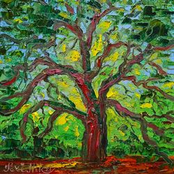Angel Oak Tree Painting Small Impasto Oil Painting 8 by 8 Original Art Tree of Life Artwork