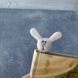 Cute white bunny bookmark Needle felted bunny Handmade Bookworm gift for reader Book lover gift