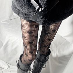 Women's Fishnet Tights in Lolita Style with Hearts Pattern Club Tights White and Black