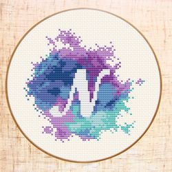 Letter N cross stitch pattern Modern cross stitch PDF Monogram xstitch Watercolor embroidery Initial N