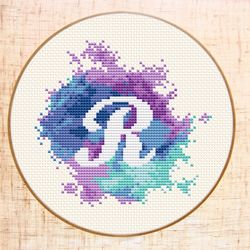 Letter R cross stitch pattern Modern cross stitch PDF Monogram xstitch Watercolor embroidery Initial R