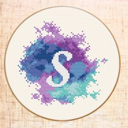 Letter S cross stitch pattern Modern cross stitch PDF Monogram xstitch Watercolor embroidery Initial S