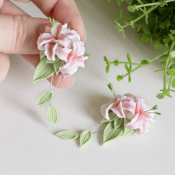 Pink Lily Earrings. Dangle Earrings. Flower Earrings. Polymer Clay Jewelry. Stargazer Lily Jewelry. Bridesmaids gift.