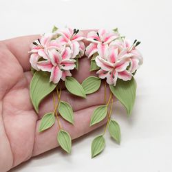Statement Dangle Earrings. Pink Stargazer Lily Flower Earrings. Lily Jewelry. Polymer Clay Earrings. Womens Gift Idea