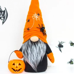 Halloween Gnome with pumpkin candy bucket and spider