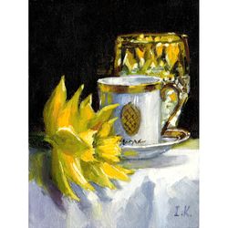 Daffodils, a cup of coffee and a crystal glass. Original oil painting 8x6''