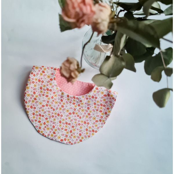 double-sided personalized pink bib with strawberries for baby's drool.jpg