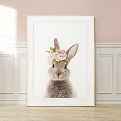 Nursery Wall Art Print, Bunny With Floral Crown, Printable Digital Download