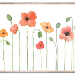 Poppies Art Print Flowers Watercolor Painting Floral Orange Poppy Wall Art Minimalist Botanical Poster Golden Poppies