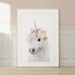 Unicorn Wall Art Print, Floral Crown, Girls Nursery Room Decor, Printable Digital Download