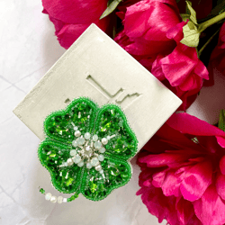 Clover Brooch, Beaded Jewelry, Handmade Embroidered Accessory, Light Green Shamrock Pin, Leaf Brooch, Handmade Brooch