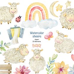 Watercolor sheeps clipart, png.