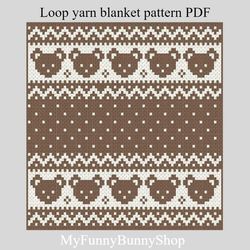 Loop yarn finger knitted Bears Boarder baby blanket pattern PDF
