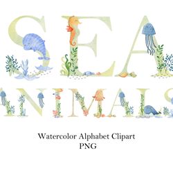 Watercolor sea animals, alphabet clipart.