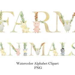 Watercolor farm, animals alphabet, letter wall decor.
