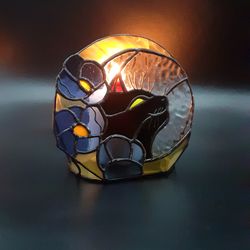 stained glass cat on moon, black cat tealight holder, cat stained glass suncatcher, gothic home decor, christmas decor
