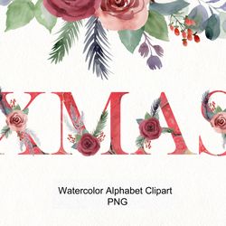 Watercolor christmas alphabet png, letters clipart.