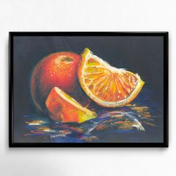 Printable, Orandges on a dark blue background, Oil pastel, Digital file for printing, Bright fruit poster, Wall decor