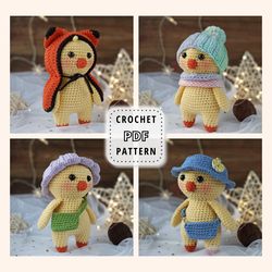 Crochet Chick Amigurumi Pattern and 4 crochet outfits for him, Little Spring Chicken Amigurumi Tutorial PDF