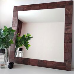 Wall Mirror hanging mirror mirror in a wooden frame brown mirror wooden tile wooden mirror makeup mirror handmade mirror